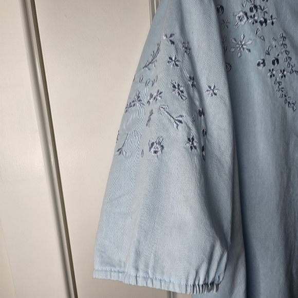Light Blue Embroidered Boho Peasant Blouse XL Cottagecore Floral Top - Picture 4 of 7